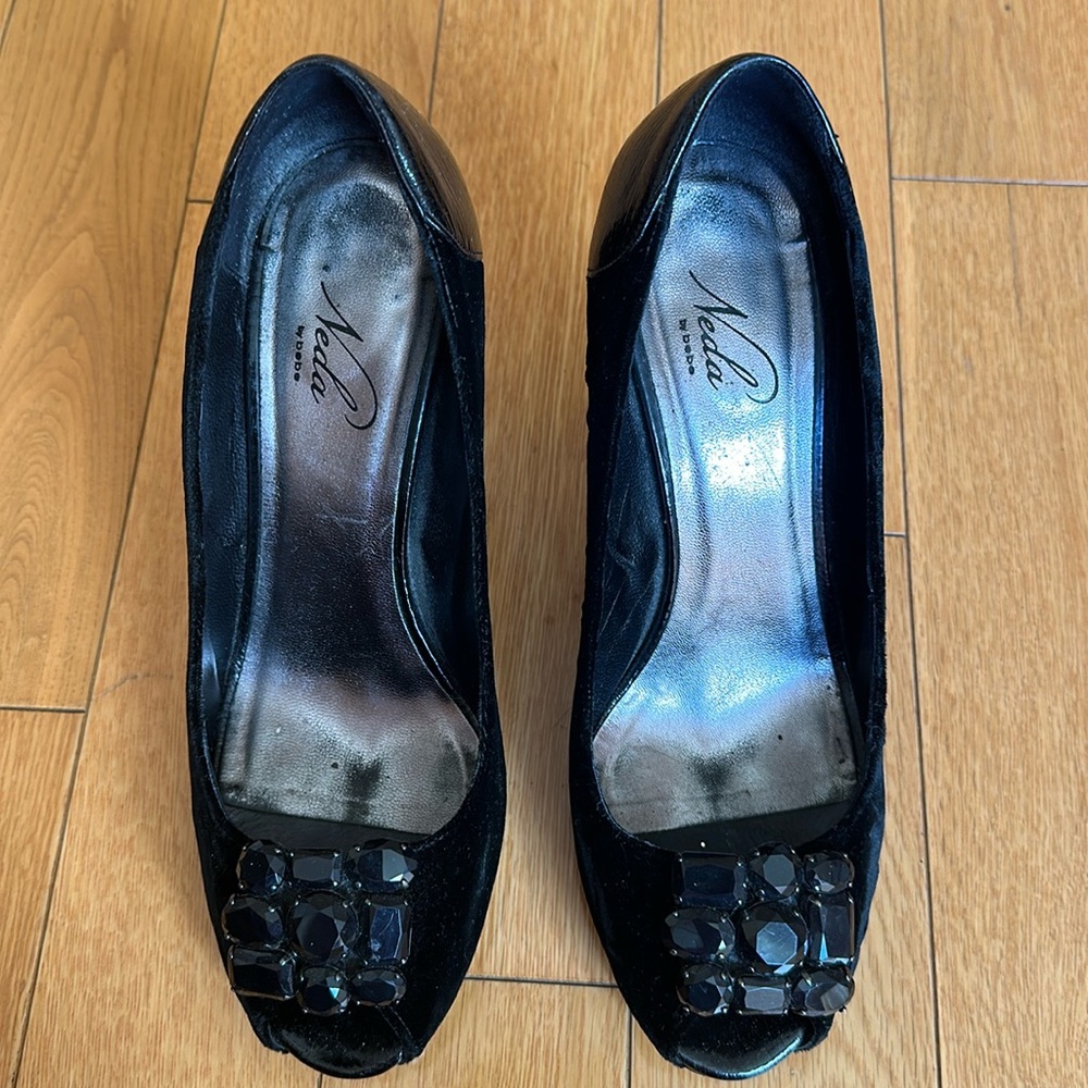 Neda by Bebe black velvet /leather open toe jeweled heels.